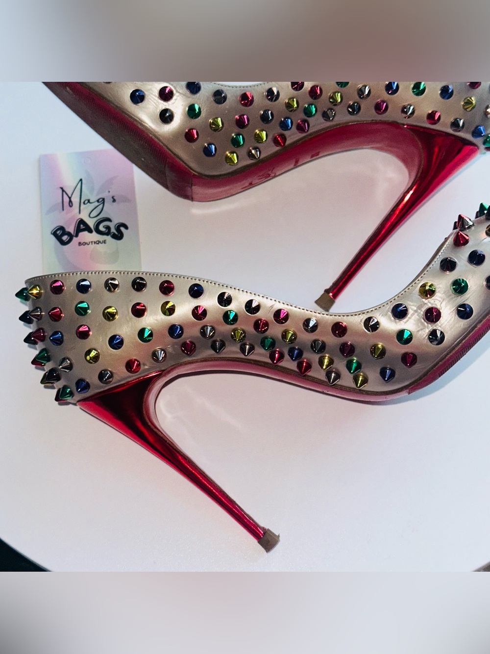 Louboutin: Multicolor Follies Spikes 100 Beige Specchio Studded Heels *RARE* - Picture 9 of 17